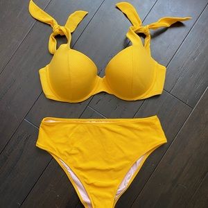 Shade & Shore Yellow Textured High Waist Cheeky Bikini (top 36D/bottom M)